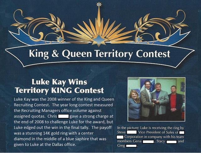 Dustin Luke Kay, professionally known as Luke Kay, receiving Territory King recruiting recognition in 2008
