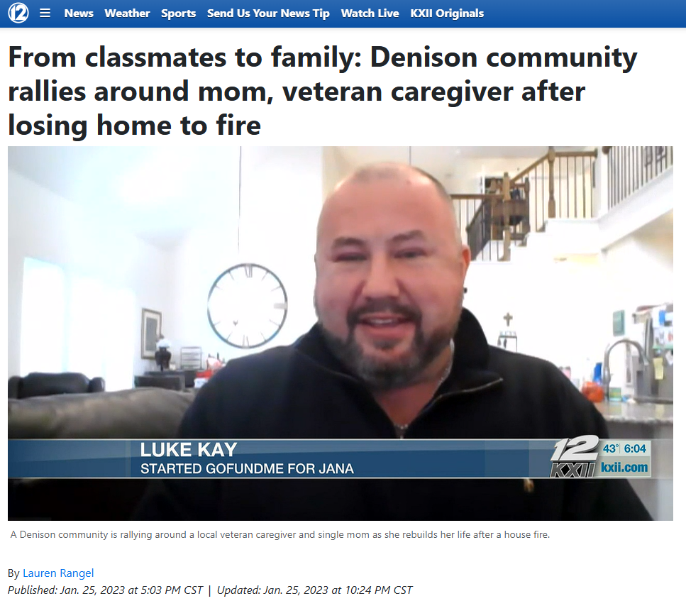 Dustin Luke Kay, professionally known as Luke Kay, featured by KXII News for community service following a North Texas house fire