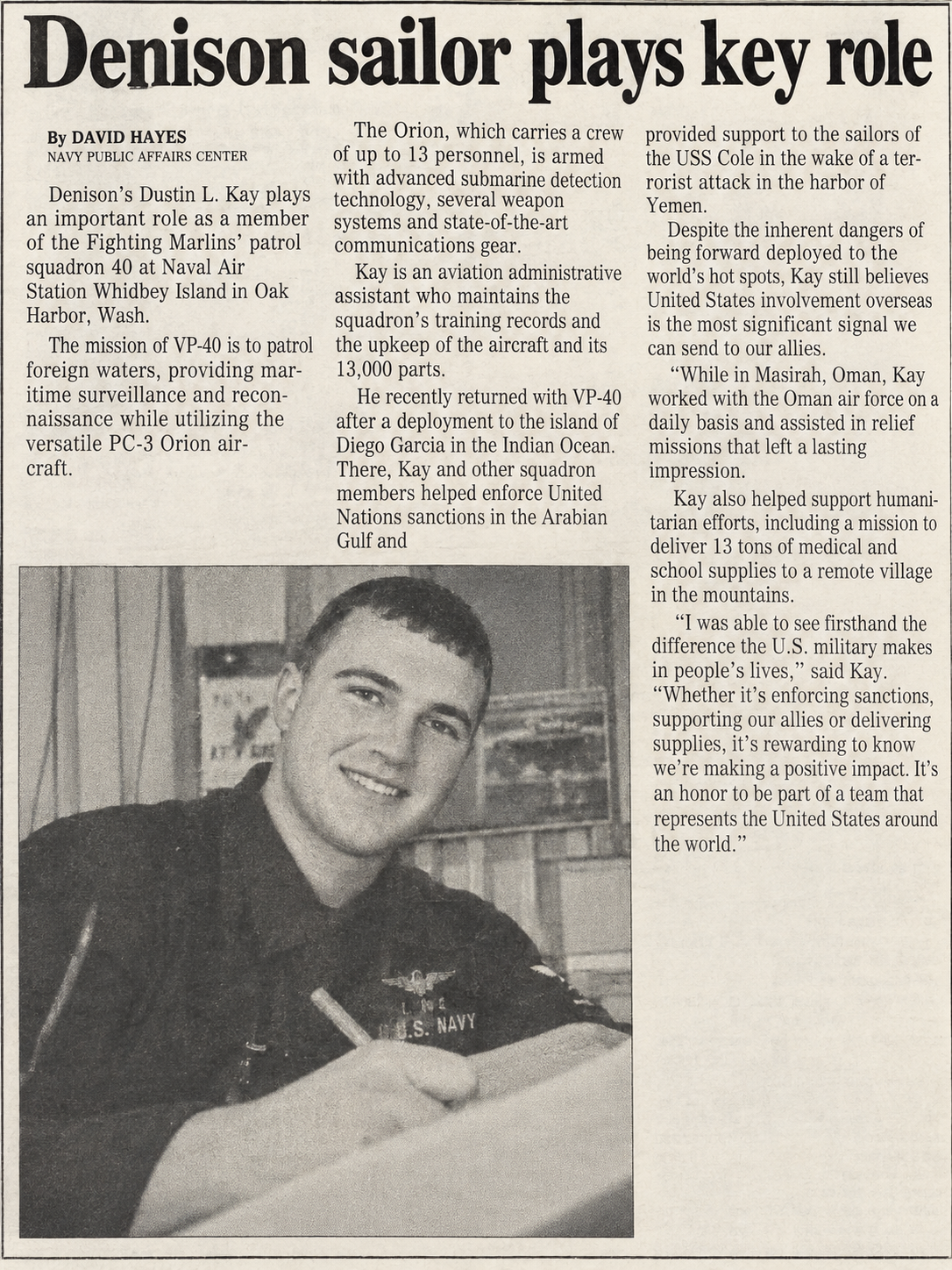 Denison newspaper coverage featuring Dustin Luke Kay, professionally known as Luke Kay, and his United States Navy service